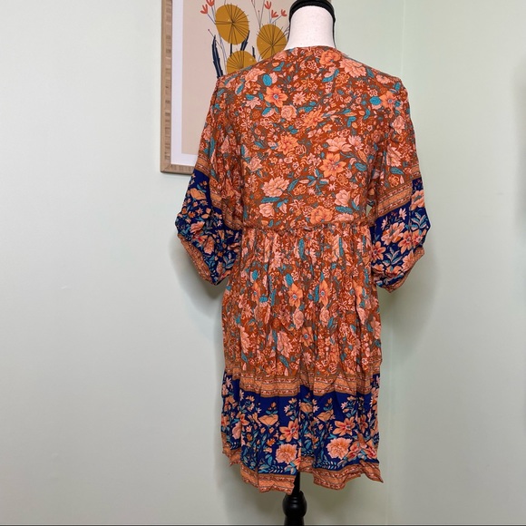 💥Only 1 Left! Rust Orange and Navy Peasant Dress - Picture 2 of 4